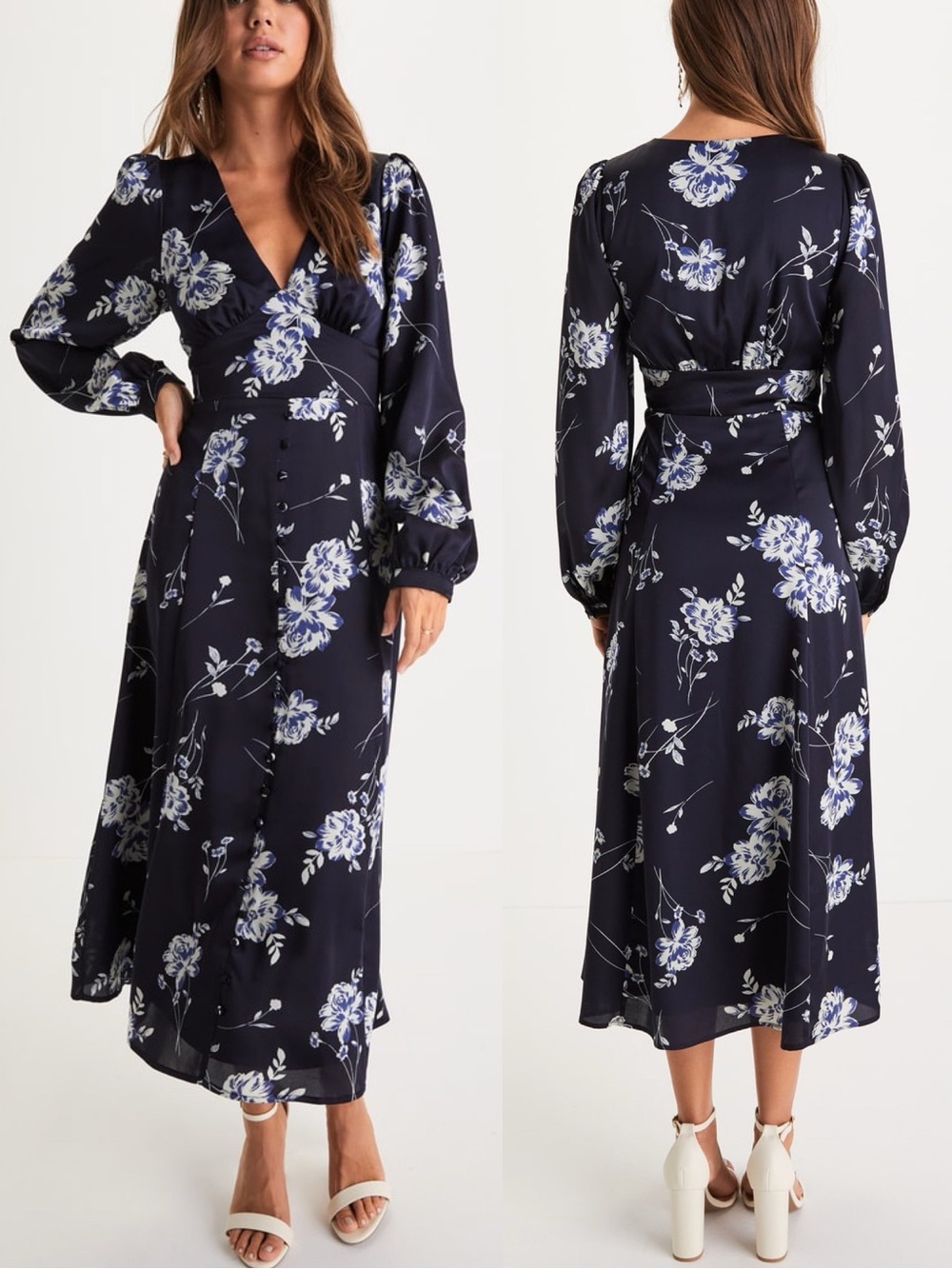 Lulus | Beautiful Details Navy Blue Floral Long Sleeve Midi Dress